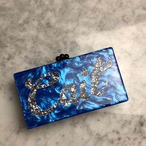 EDIE PARKER Blue and Silver Clutch with Script Design
